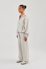 Oversized Zip Through Hoodie & Embroidered Wide Leg Jogger - Ash Grey
