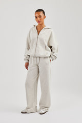 Oversized Zip Through Hoodie & Embroidered Wide Leg Jogger - Ash Grey