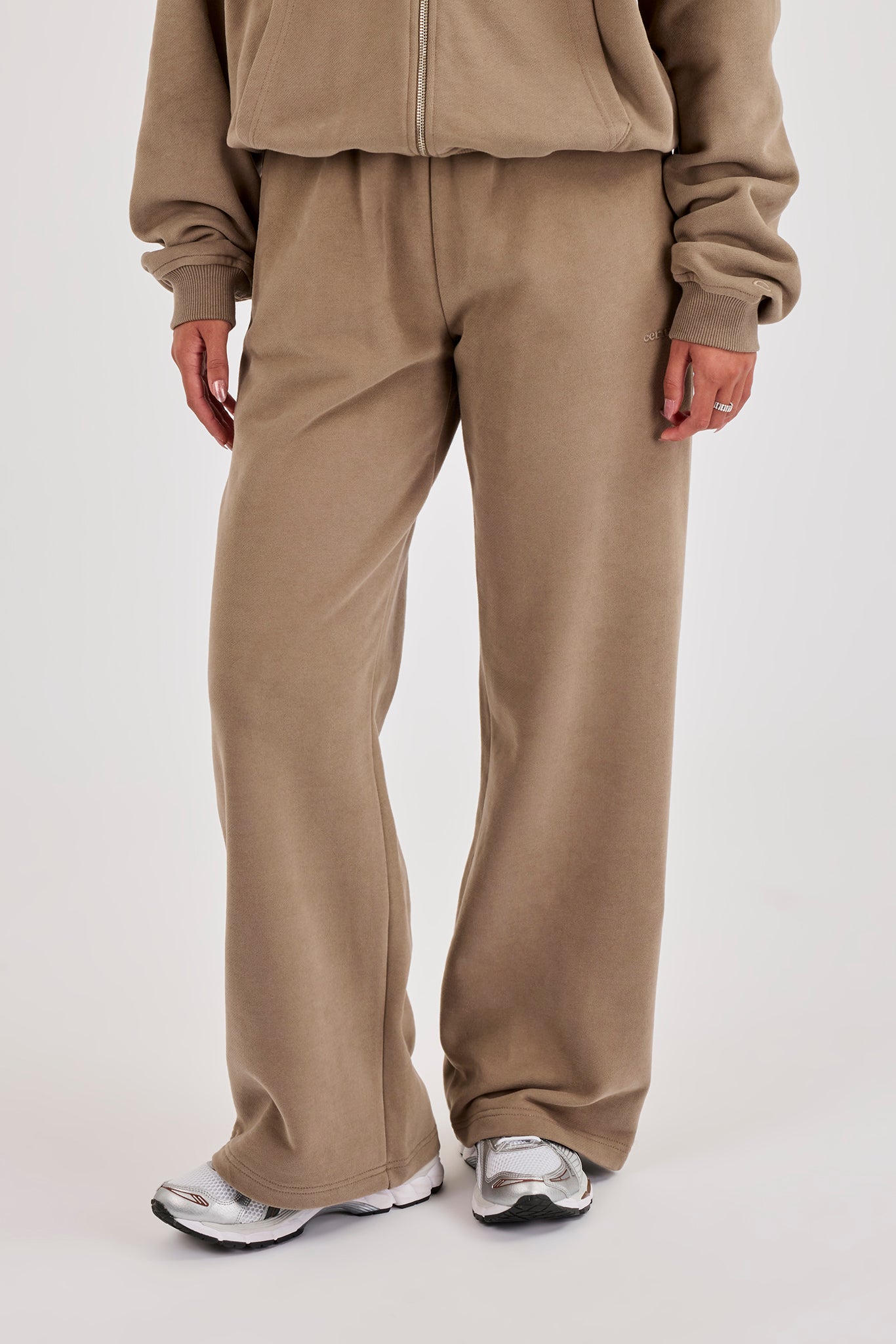 Embroidered Wide Leg Jogger - Taupe
