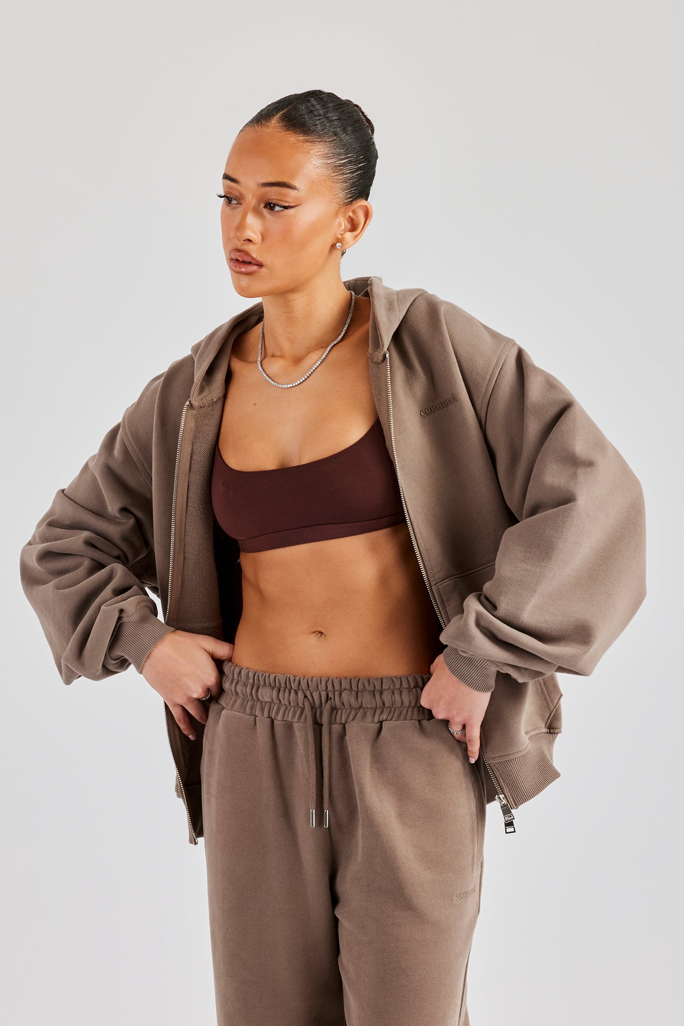 Oversized Zip Through Hoodie - Taupe