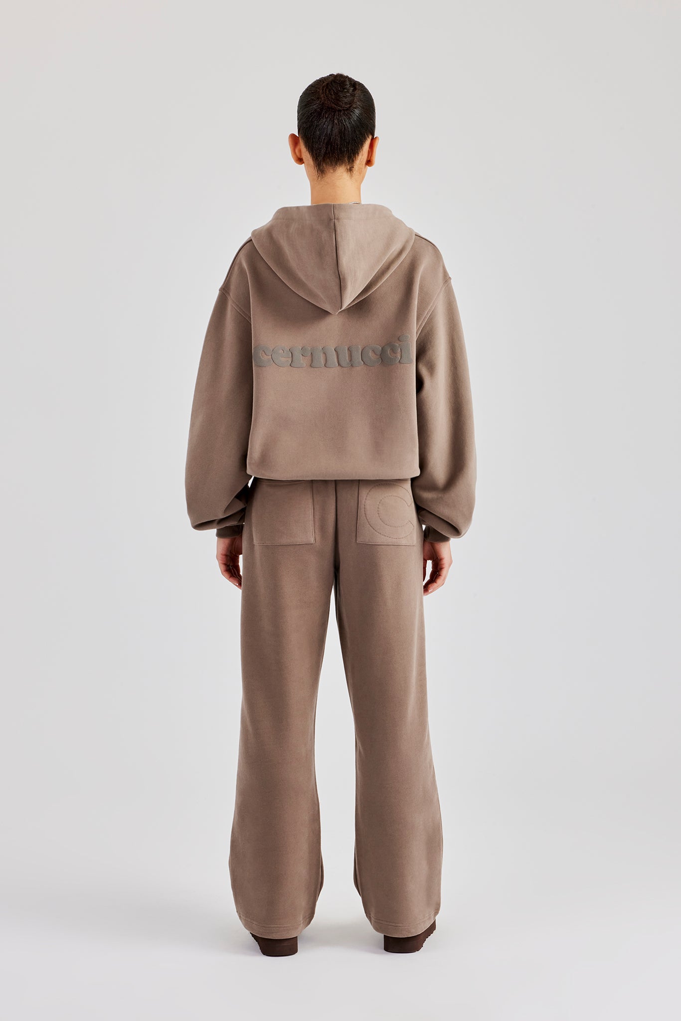 Oversized Zip Through Hoodie & Embroidered Wide Leg Jogger - Taupe