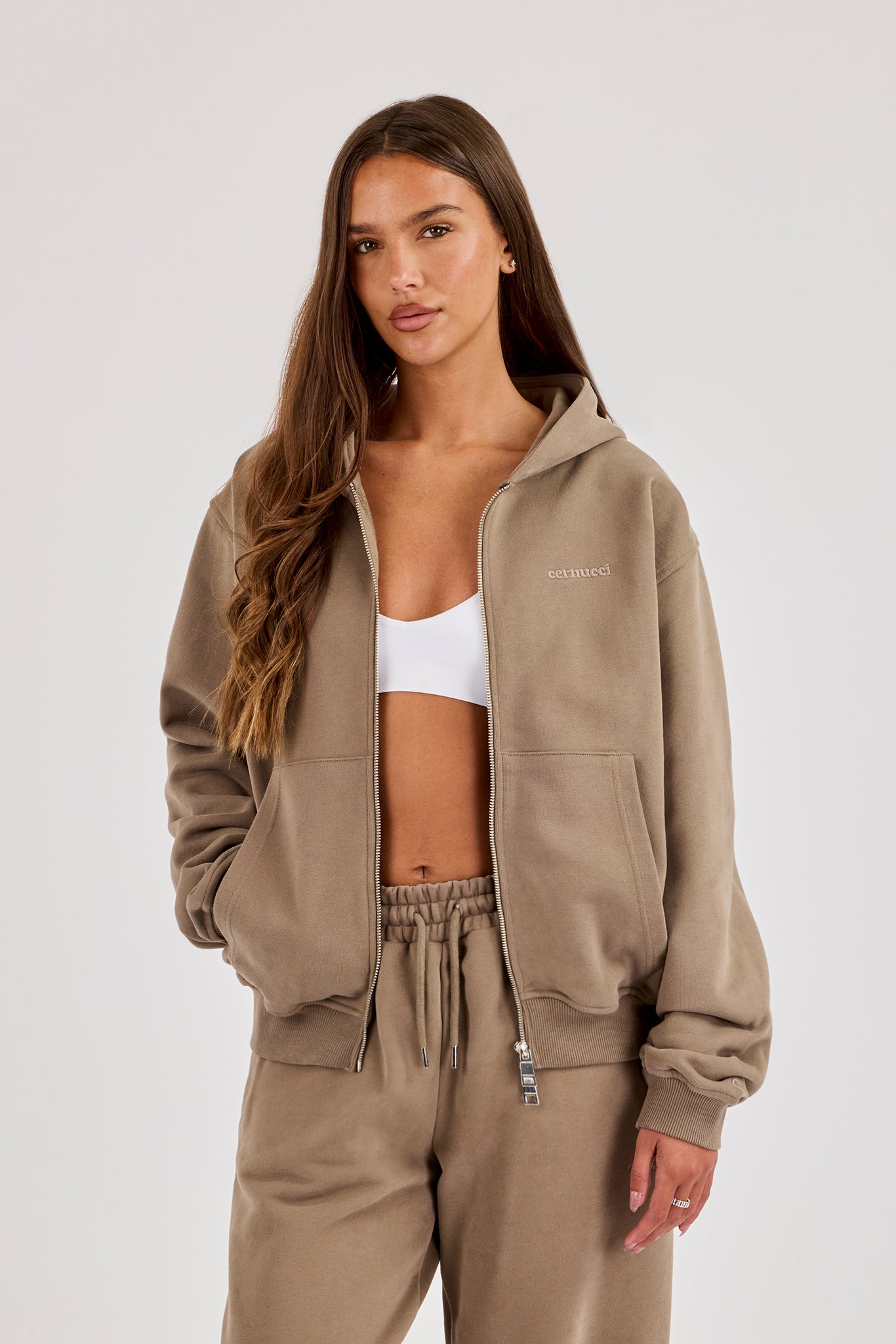 Oversized Zip Through Hoodie - Taupe
