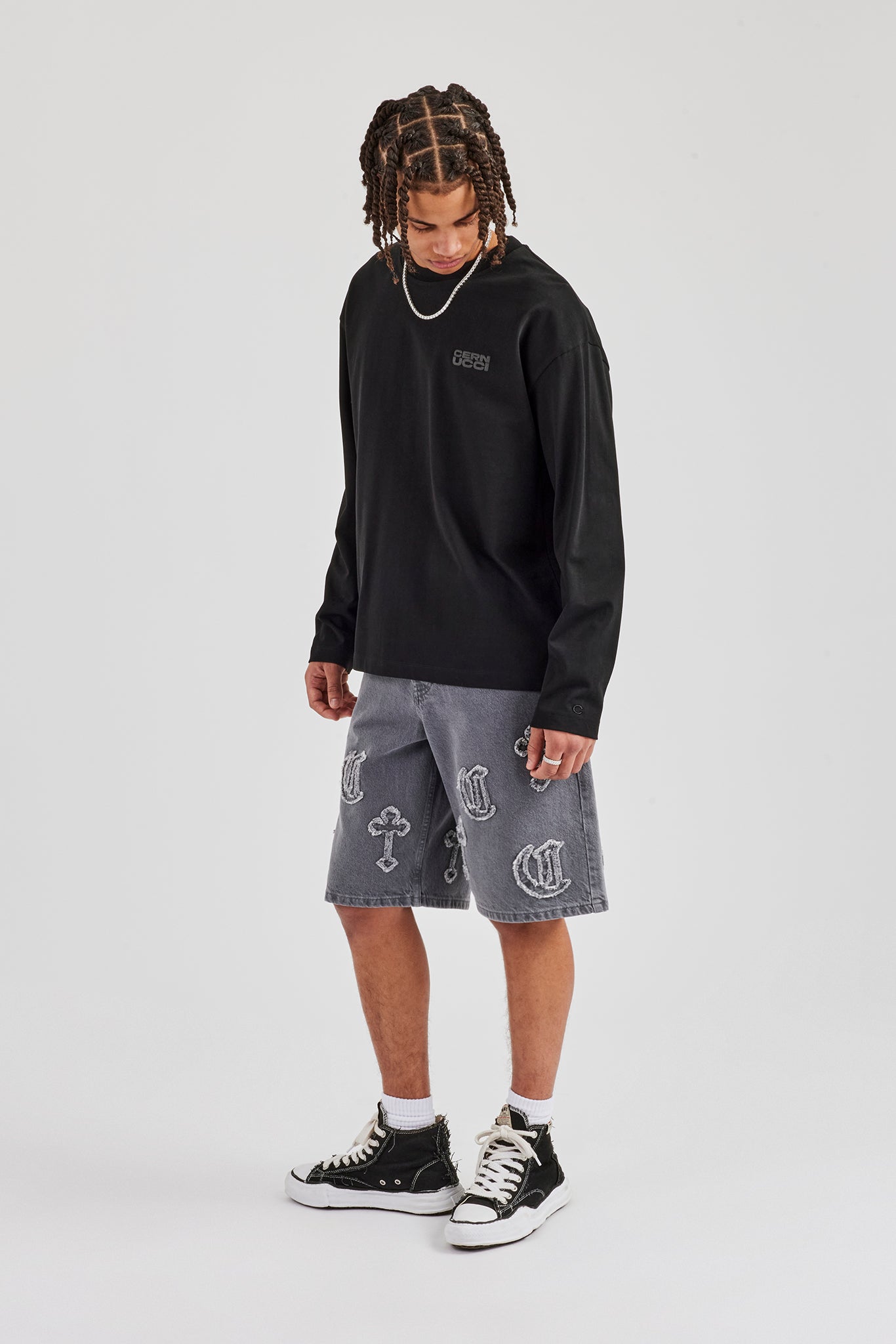 Raw Edge Applique Cross Jort - Washed Grey