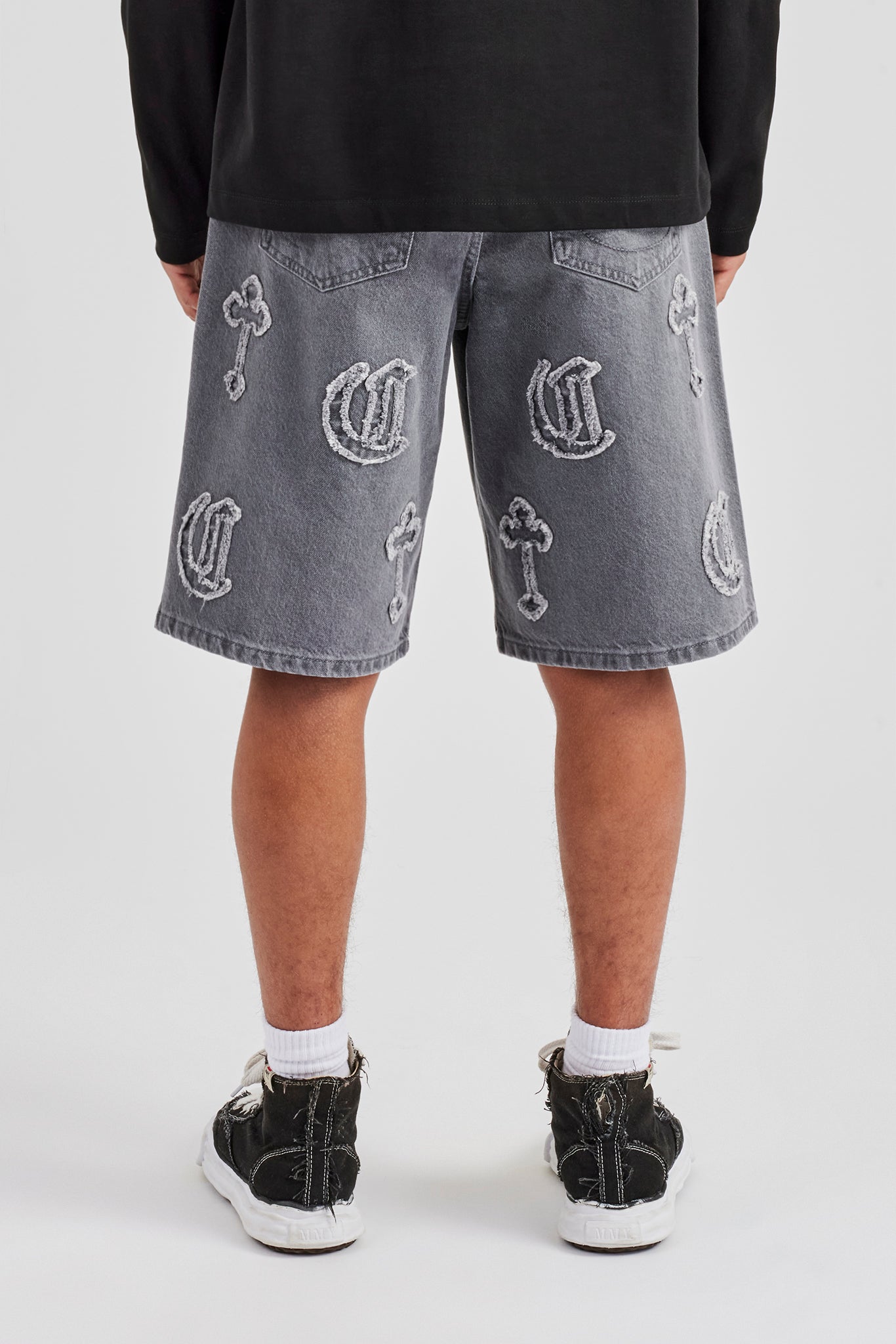 Raw Edge Applique Cross Jort - Washed Grey