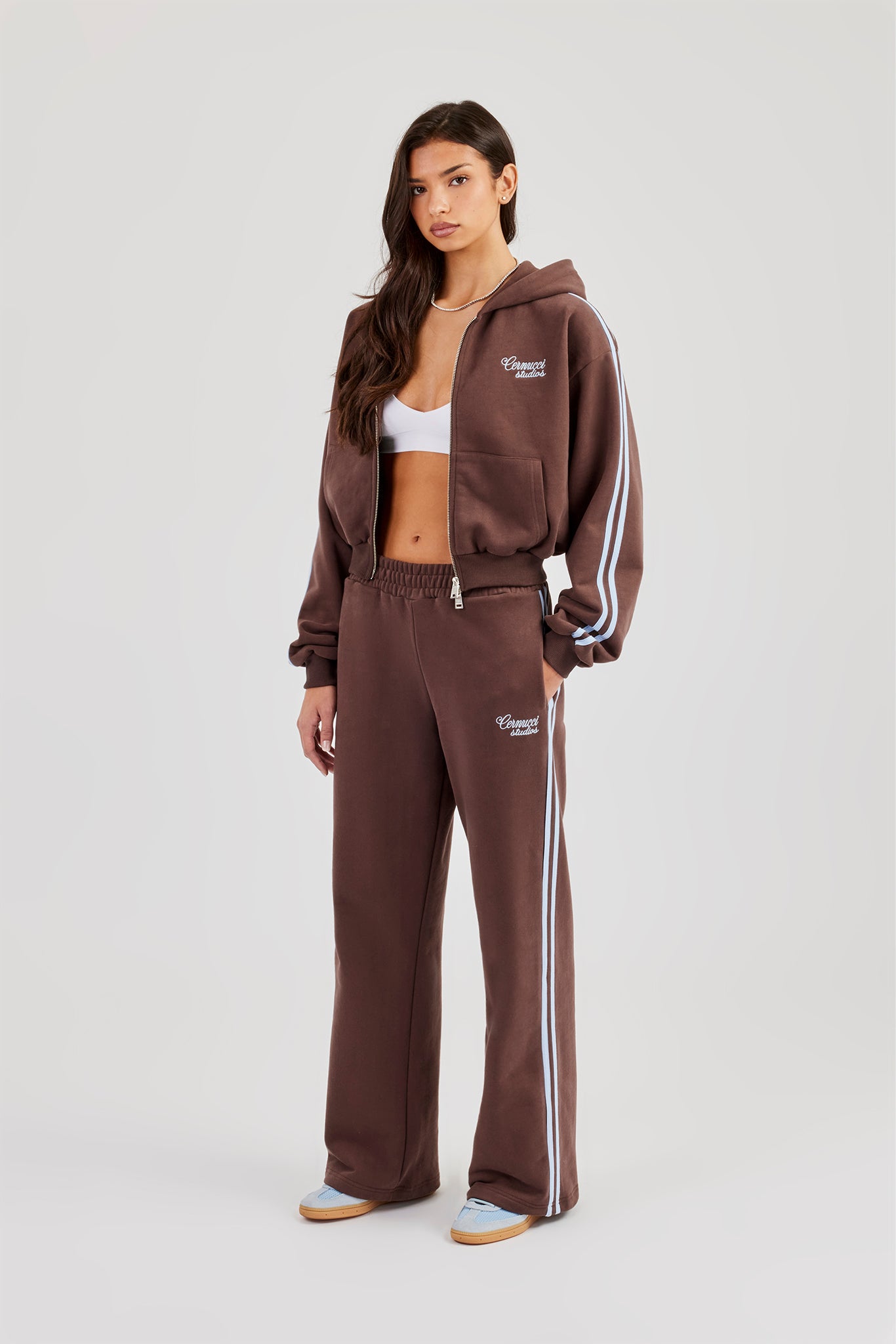 Studios Taping Boxy Zip Through Hoodie & Wide Leg Joggers - Chocolate