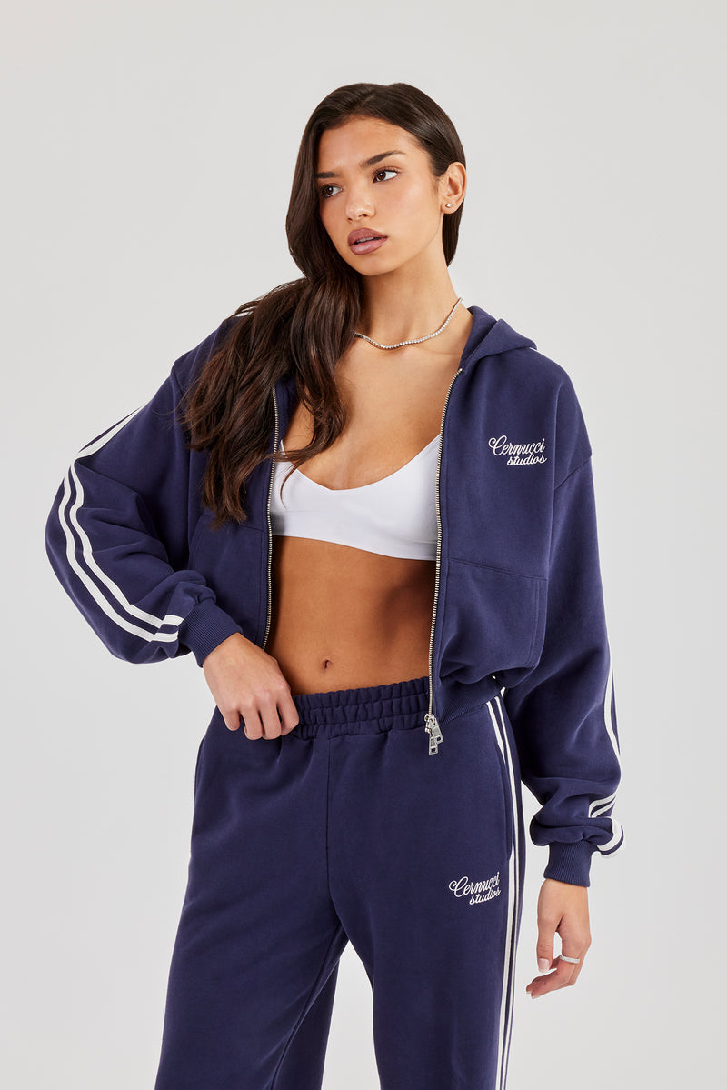Studios Taping Boxy Zip Through Hoodie - Navy Blue