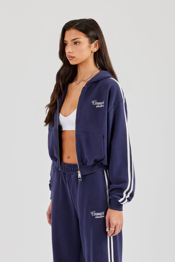 Studios Taping Boxy Zip Through Hoodie - Navy Blue