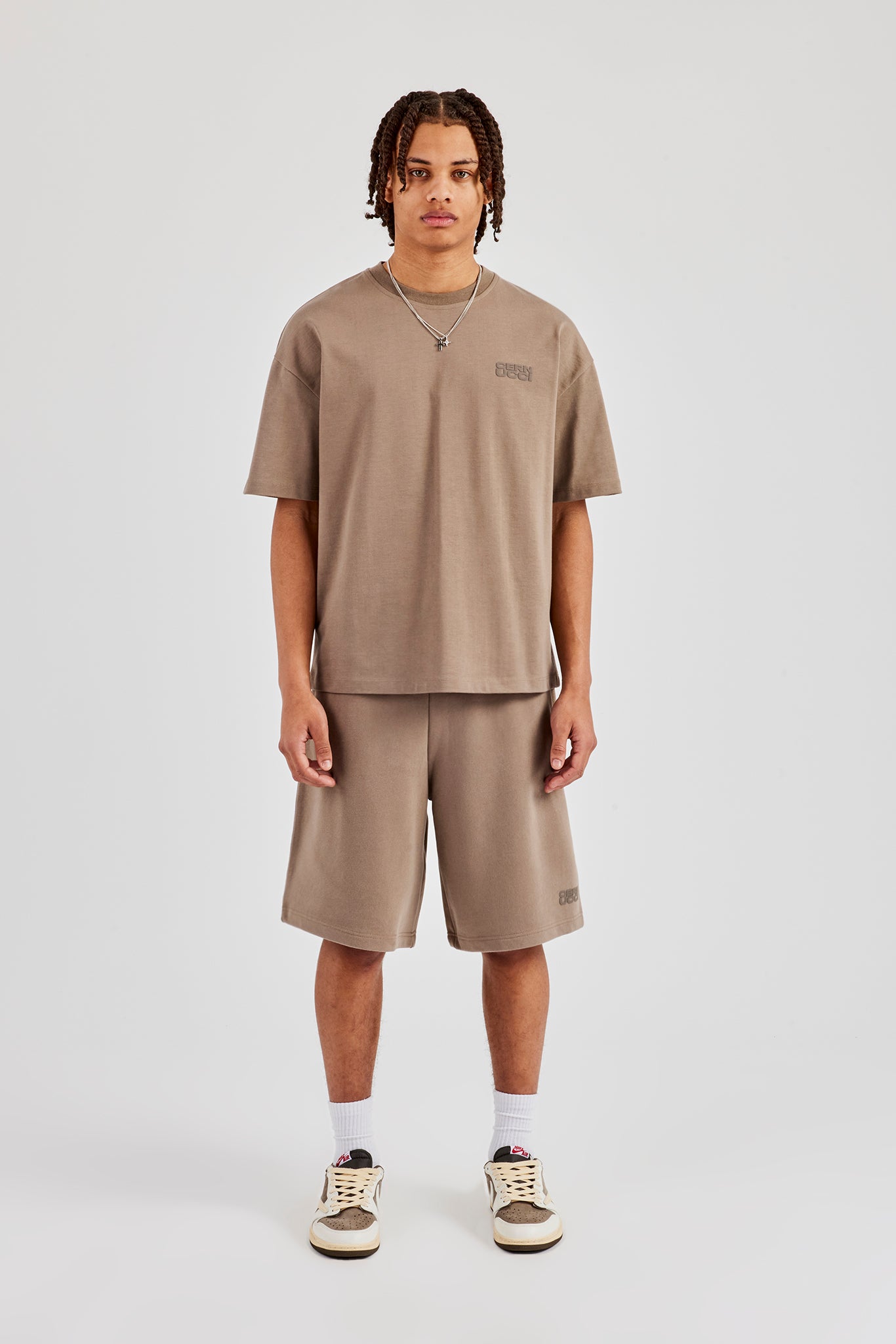 Washed Cernucci Print T-Shirt & Jersey Jort - Taupe