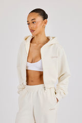 Cropped Embroidered Logo Zip Through Hoodie - Off White
