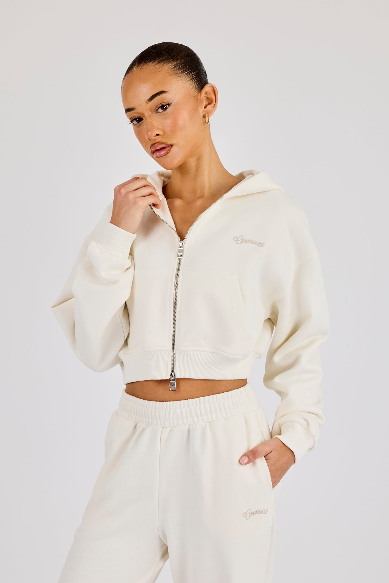 Cropped Embroidered Logo Zip Through Hoodie - Off White