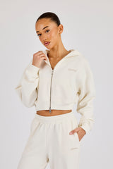 Cropped Embroidered Logo Zip Through Hoodie - Off White