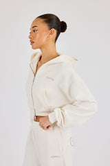 Cropped Embroidered Logo Zip Through Hoodie - Off White