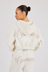 Cropped Embroidered Logo Zip Through Hoodie - Off White