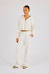 Cropped Embroidered Logo Zip Through Hoodie & Wide Leg Jogger - Off White
