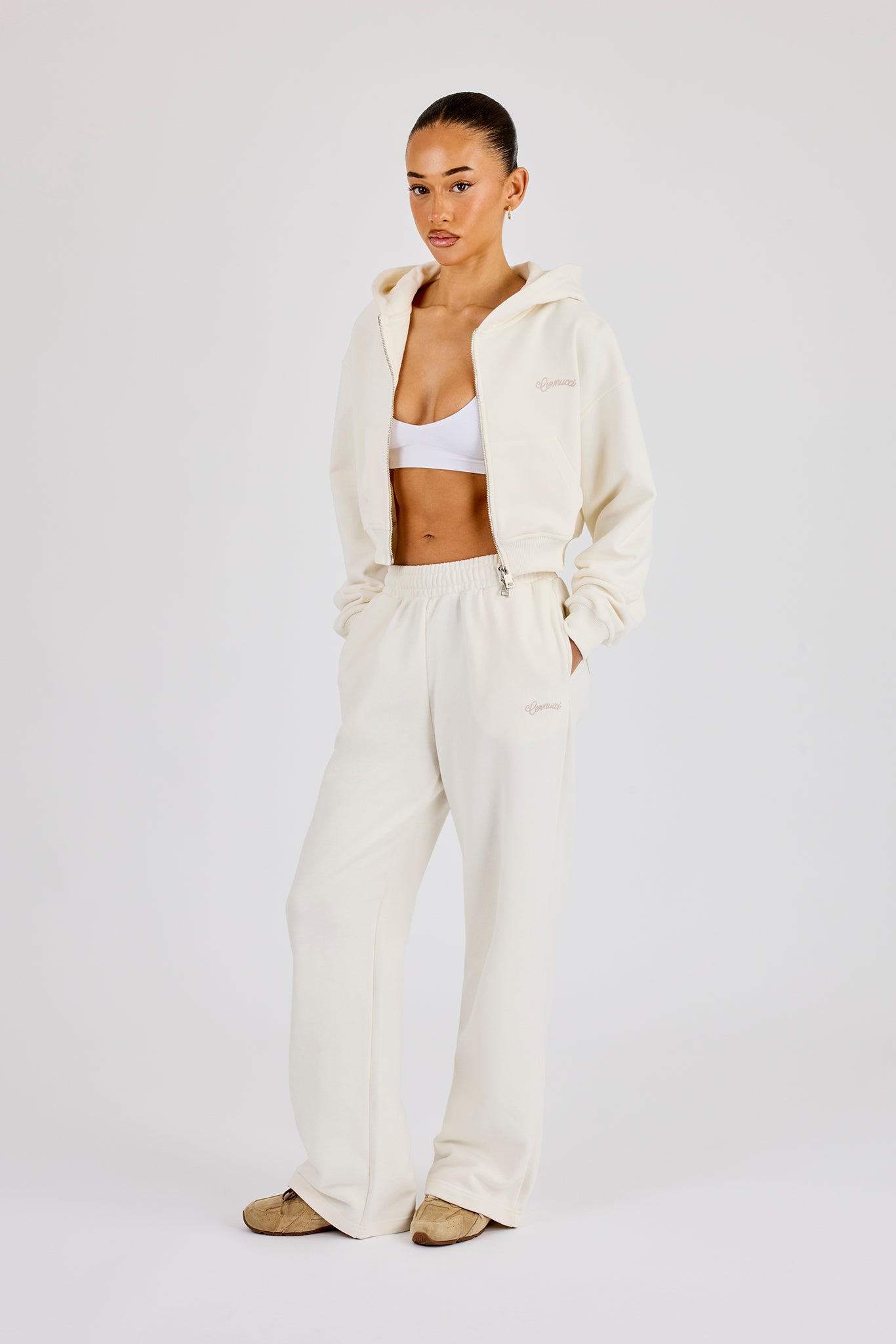 Cropped Embroidered Logo Zip Through Hoodie & Wide Leg Jogger - Off White