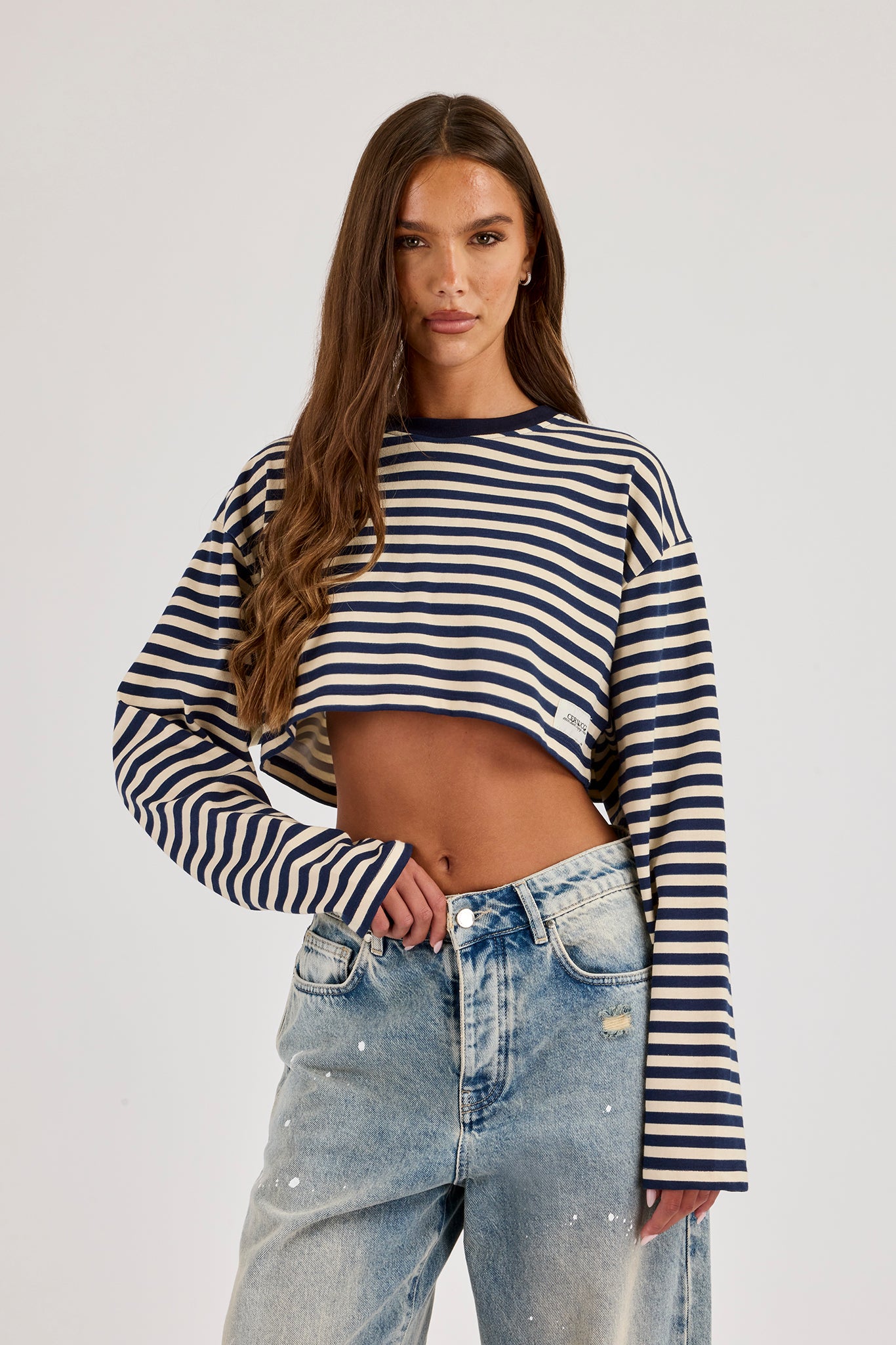 Cropped Striped Tab T-Shirt - Navy Blue