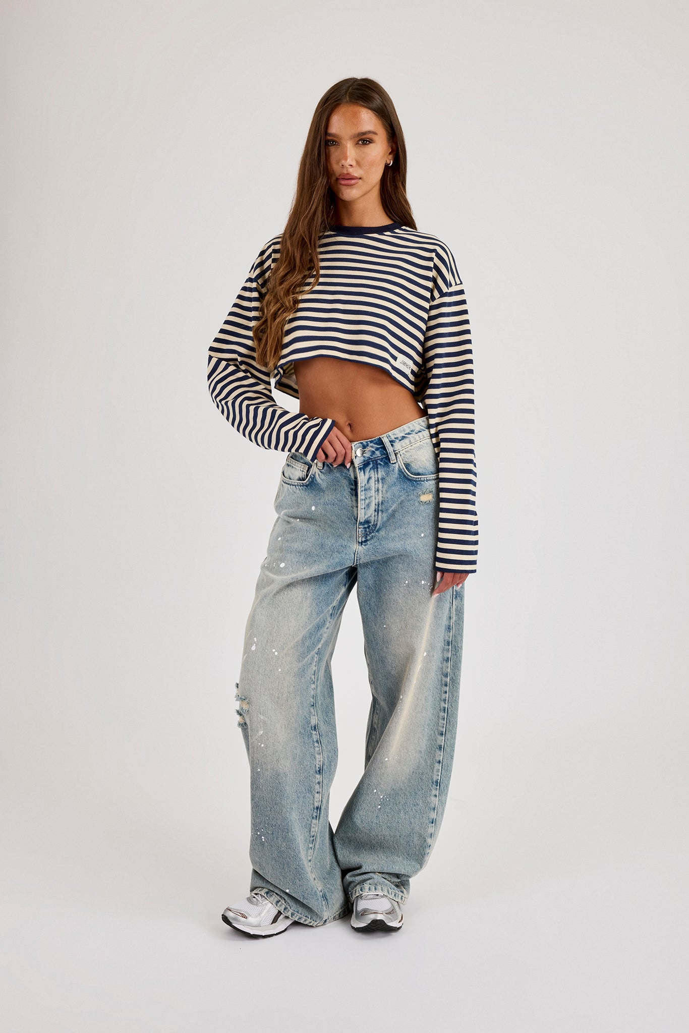 Cropped Striped Tab T-Shirt - Navy Blue