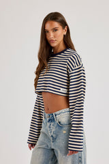 Cropped Striped Tab T-Shirt - Navy Blue