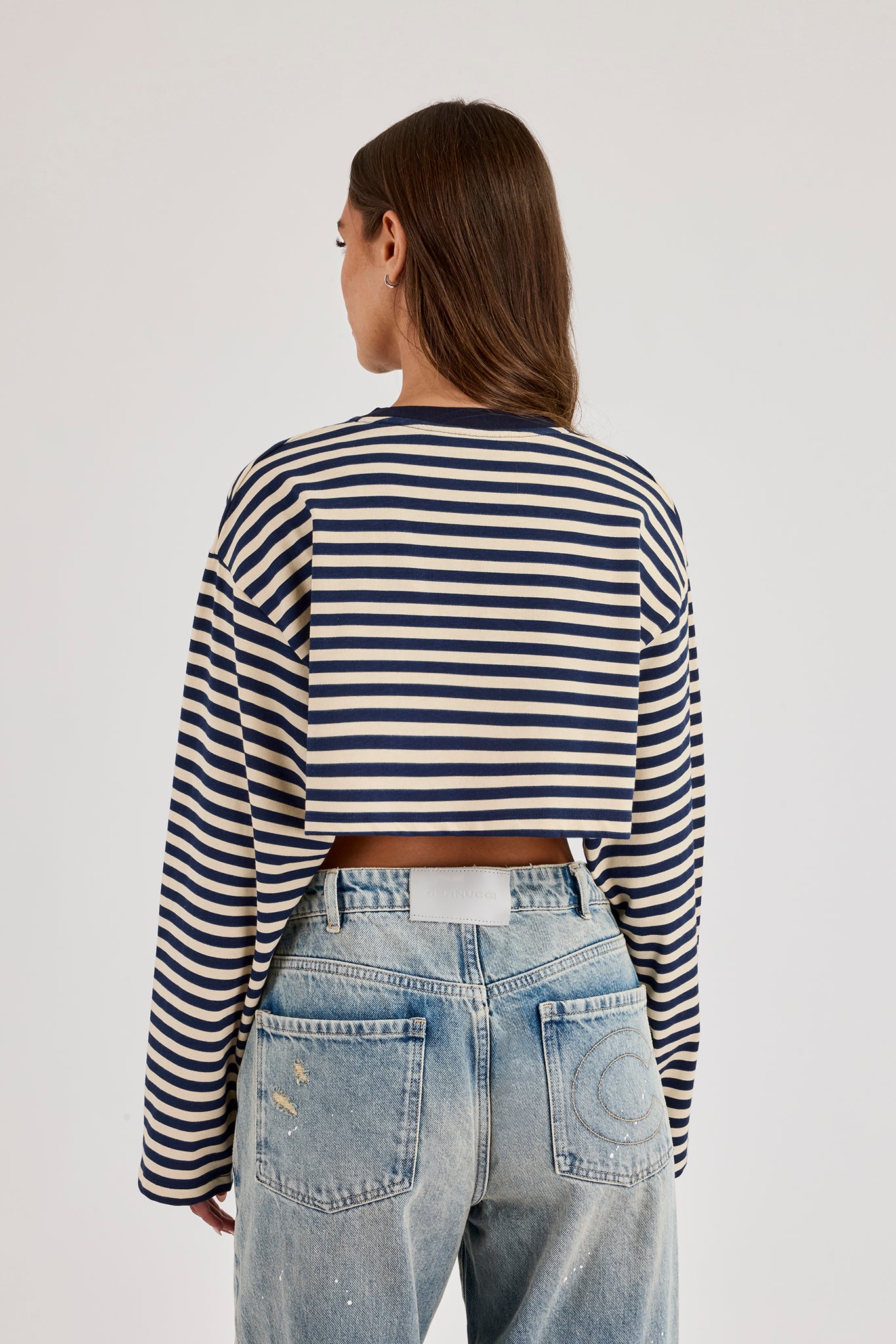 Cropped Striped Tab T-Shirt - Navy Blue