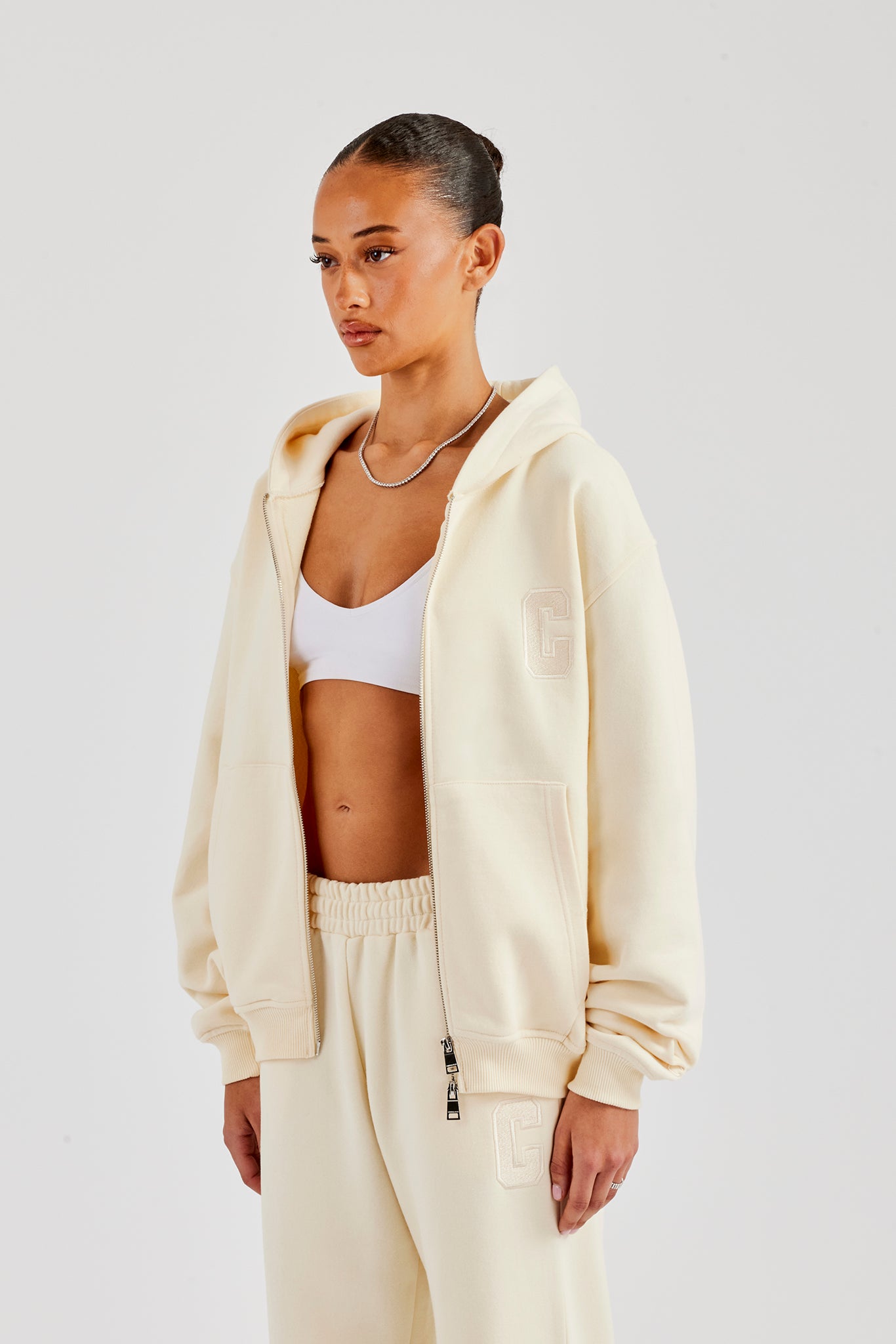 Embroidered C Zip Through Hoodie - Butter Yellow
