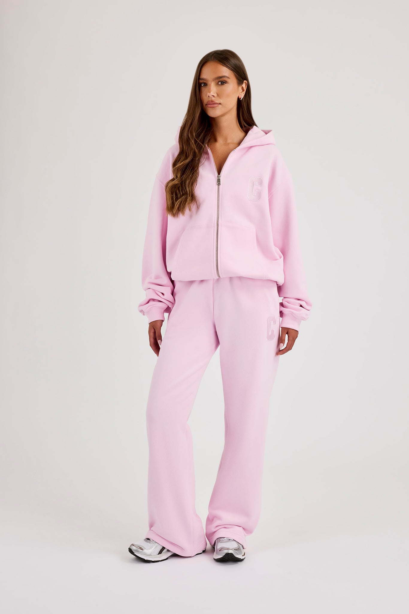 Kapuzenjacke mit durchgehendem Reißverschluss und C-Stickerei - Rosa