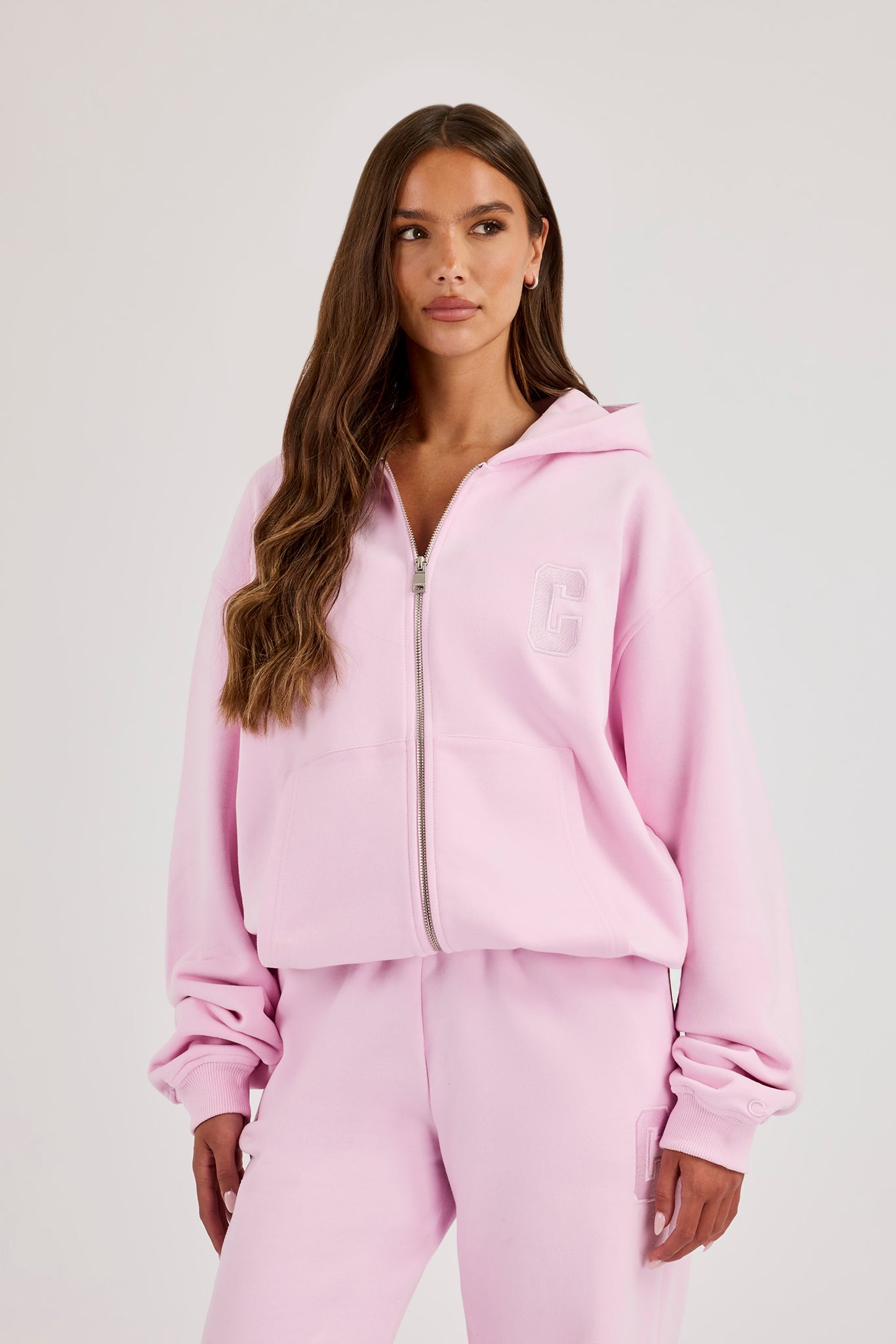 Embroidered C Zip Through Hoodie - Pink