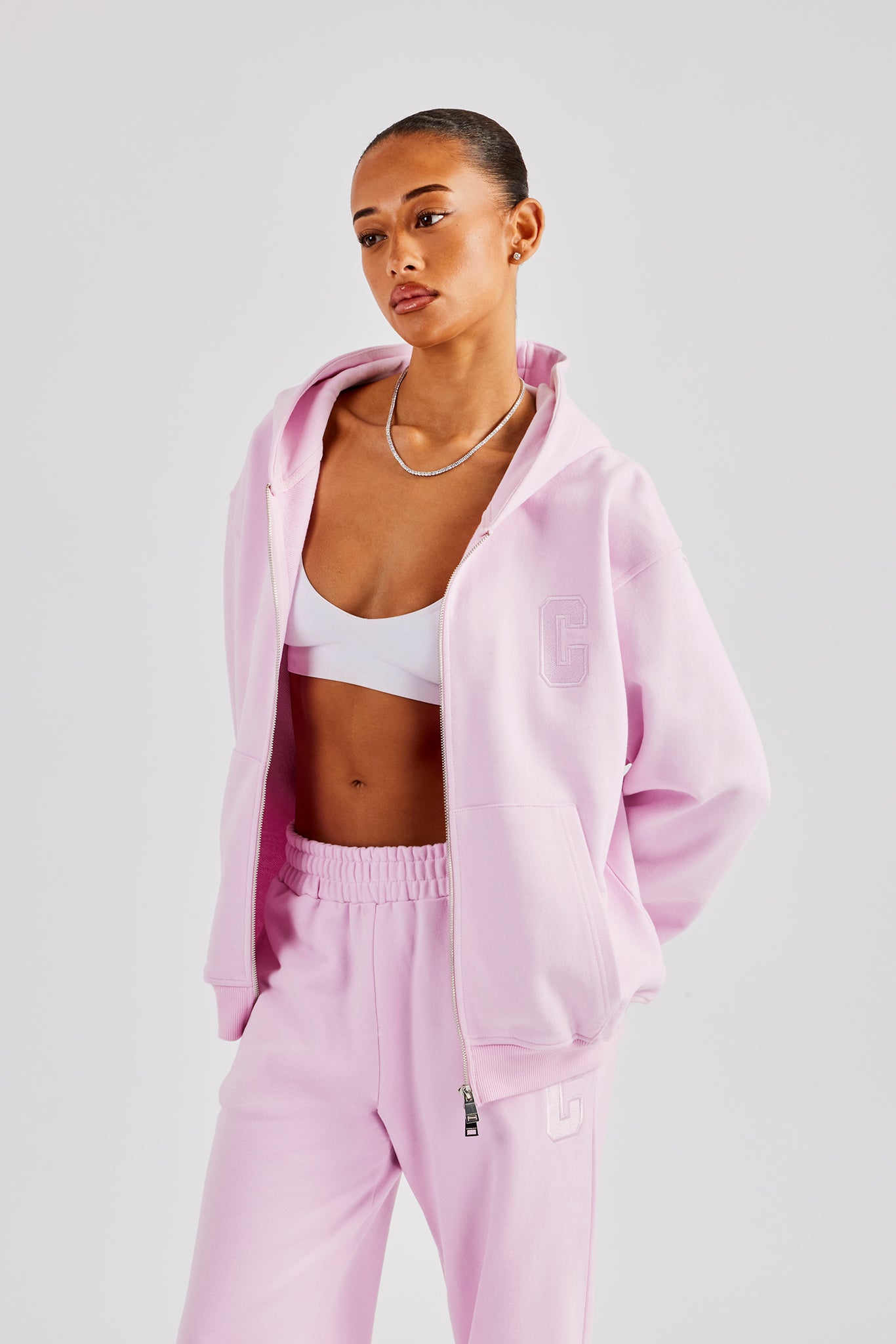 Embroidered C Zip Through Hoodie - Pink | Womens Hoodies & Sweats