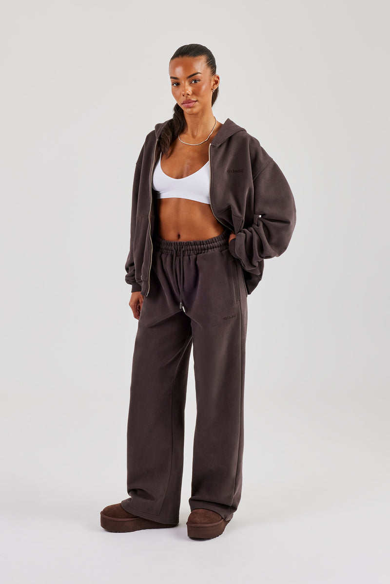 Oversized Zip Through Hoodie & Wide Leg Jogger - Coffee