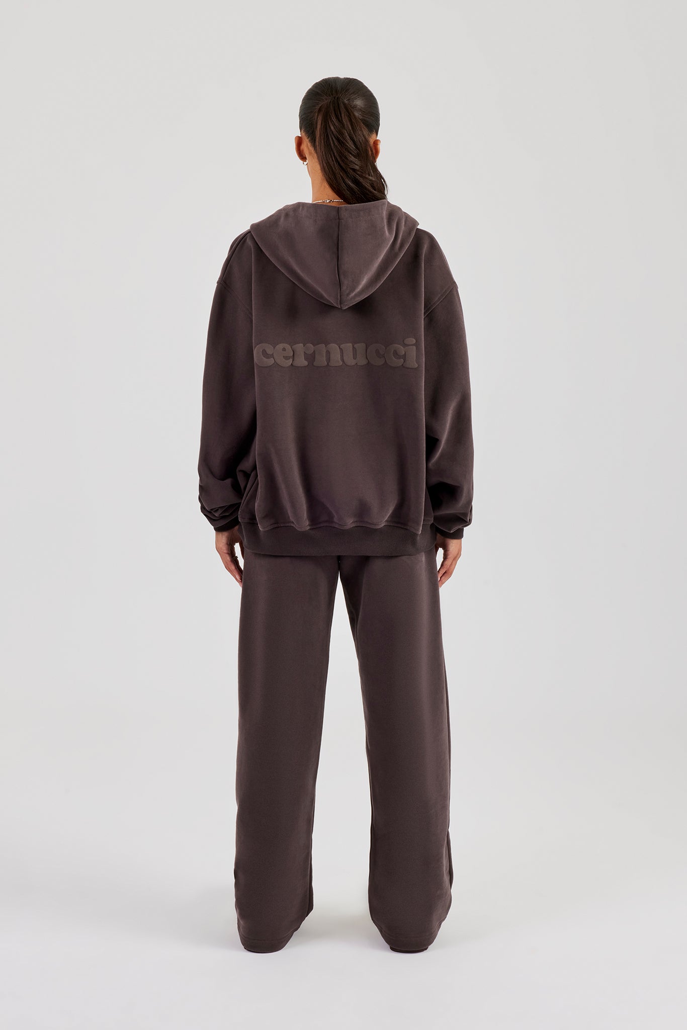 Oversized Zip Through Hoodie & Wide Leg Jogger - Coffee