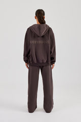 Oversized Zip Through Hoodie & Wide Leg Jogger - Coffee
