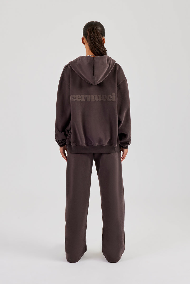 Oversized Zip Through Hoodie & Wide Leg Jogger - Coffee