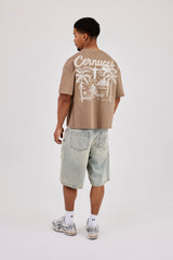 Brazil Map Chain Stitch Boxy T-Shirt - Taupe