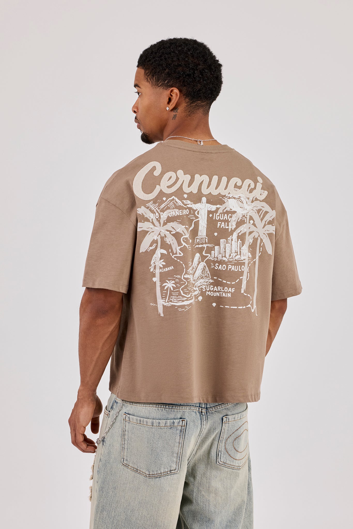 Brazil Map Chain Stitch Boxy T-Shirt - Taupe