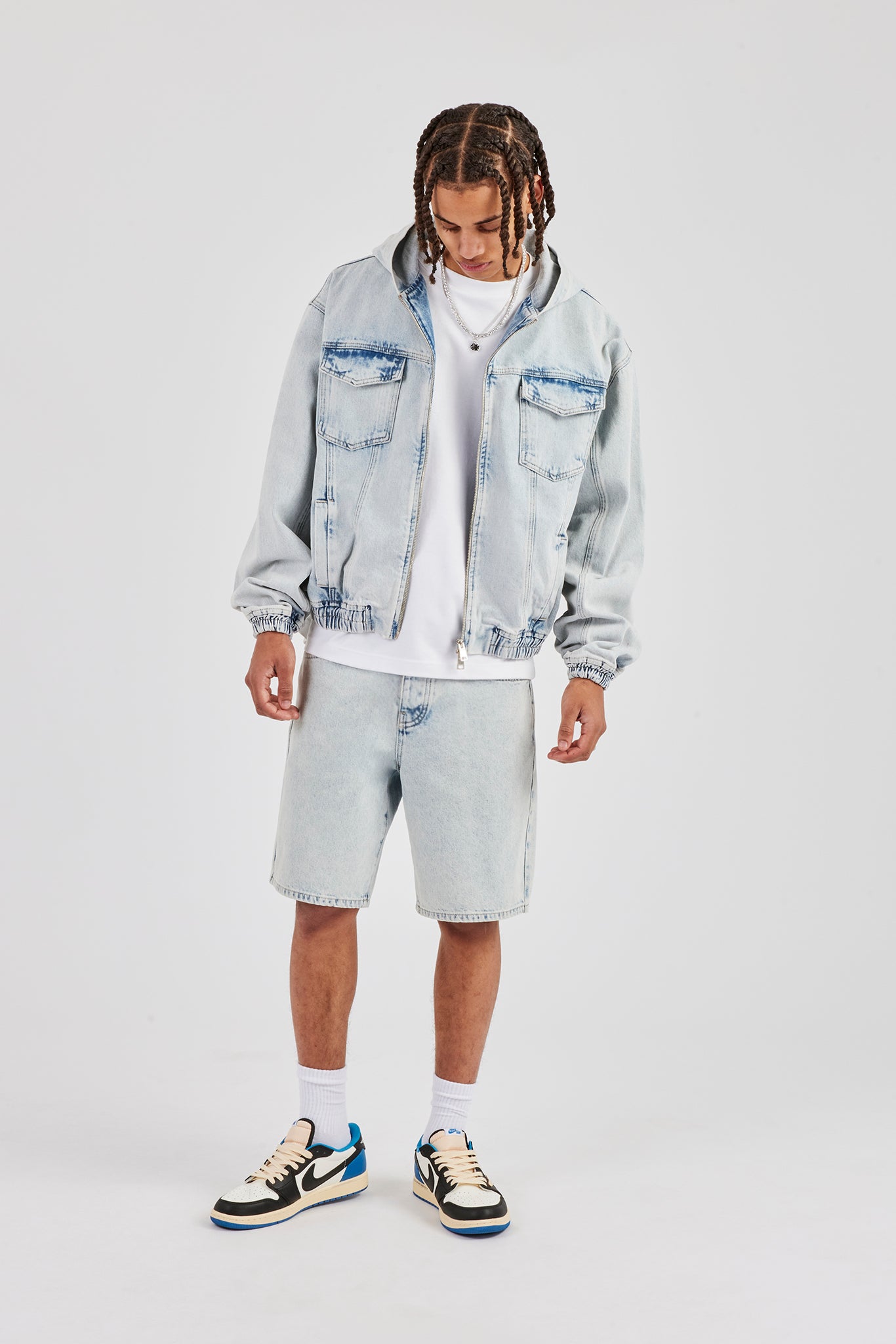 Denim-Kapuzenpullover mit Reißverschluss und Jeans-Jersey im Boxy-Fit - Eisblau