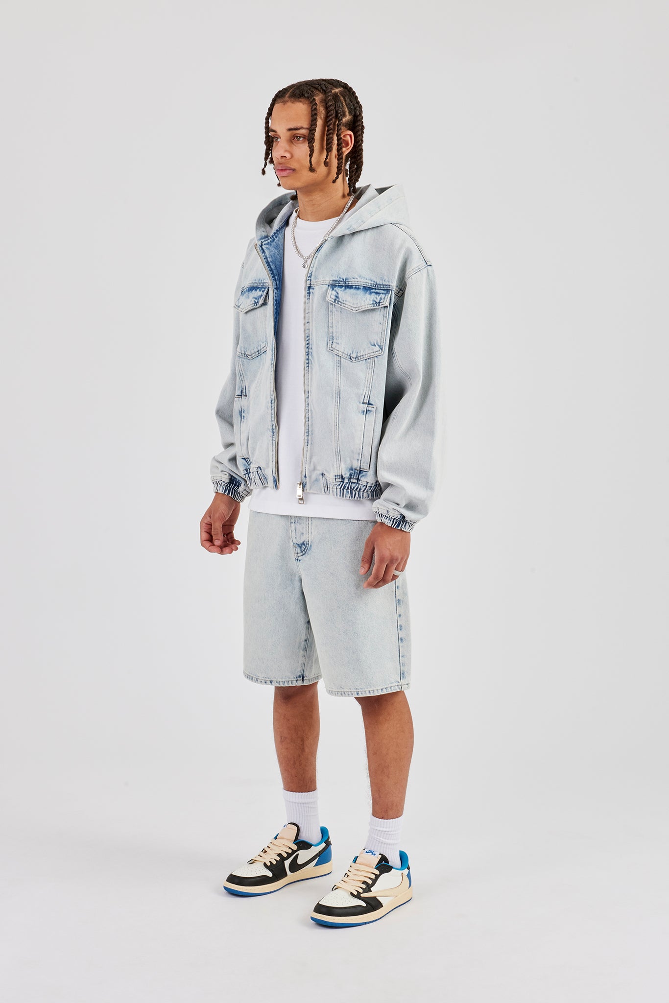 Denim Boxy Fit Zip Hoodie & Denim Jort - Ice Blue