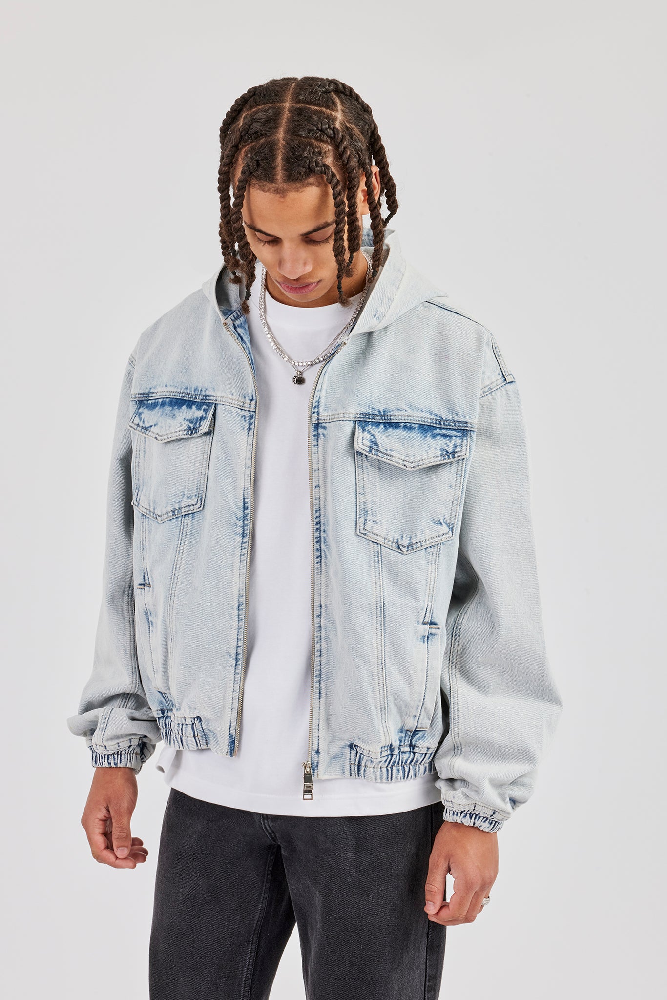 Denim Boxy Fit Zip Hoodie - Ice Blue