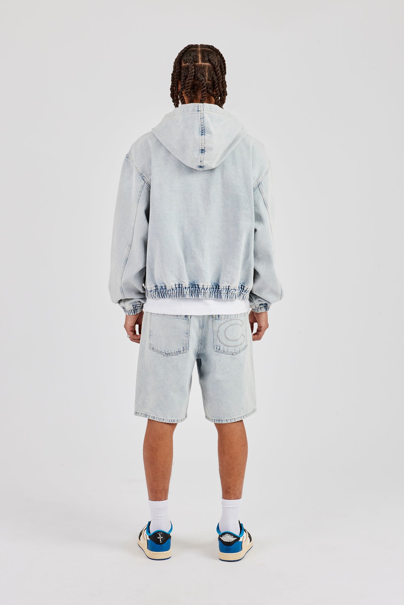 Denim-Kapuzenpullover mit Reißverschluss und Jeans-Jersey im Boxy-Fit - Eisblau