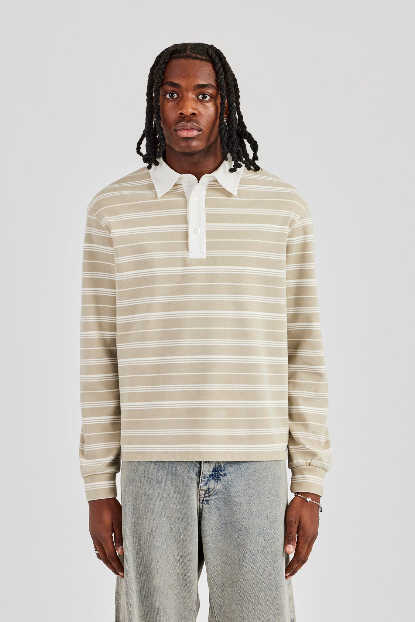 Oversized Stripe Rugby Polo Sweater - Beige | Mens Tees & Vests