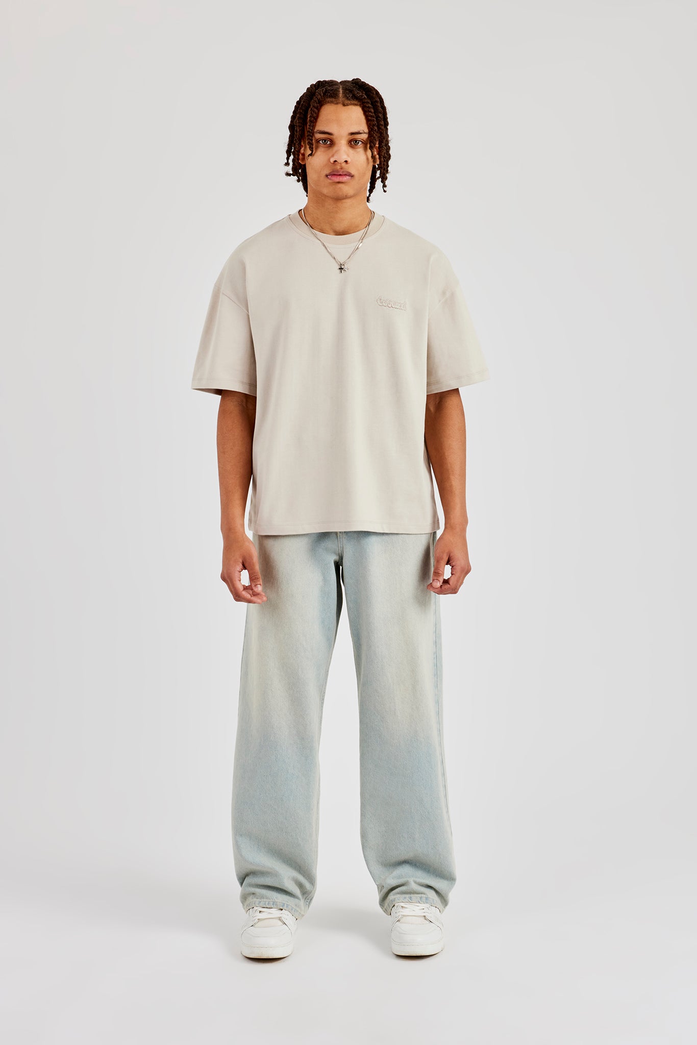 Oversized Washed Logo Embroidered T-Shirt - Washed Stone