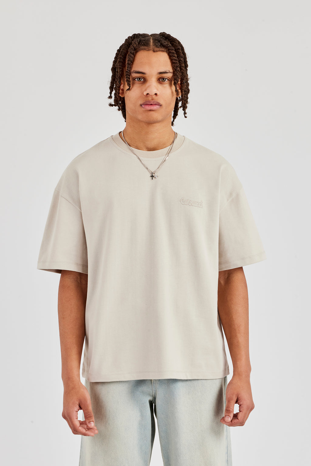 Oversized Washed Logo Embroidered T-Shirt - Washed Stone | Mens Tees ...