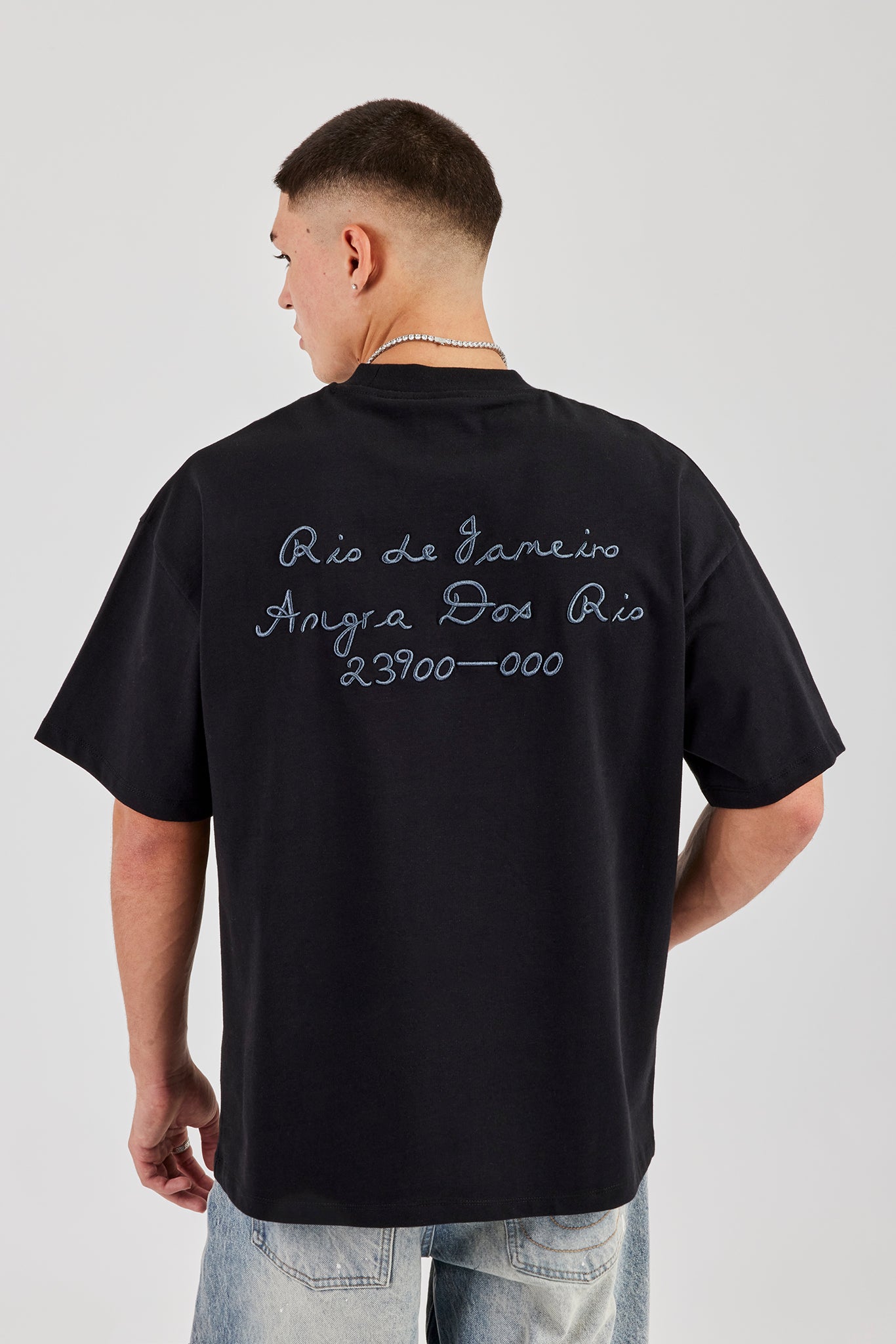 Oversized Embroidered Text T-Shirt - Black