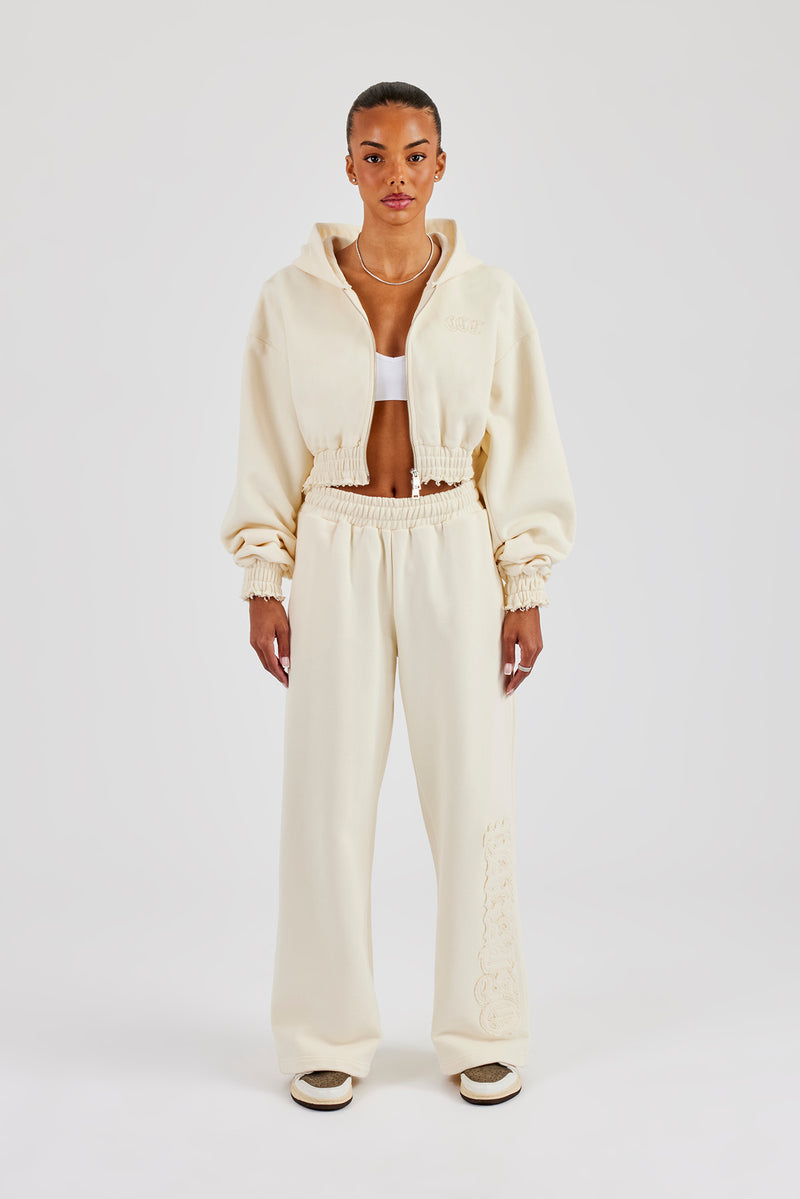 Distressed Applique Cropped Tracksuit - Butter Yellow