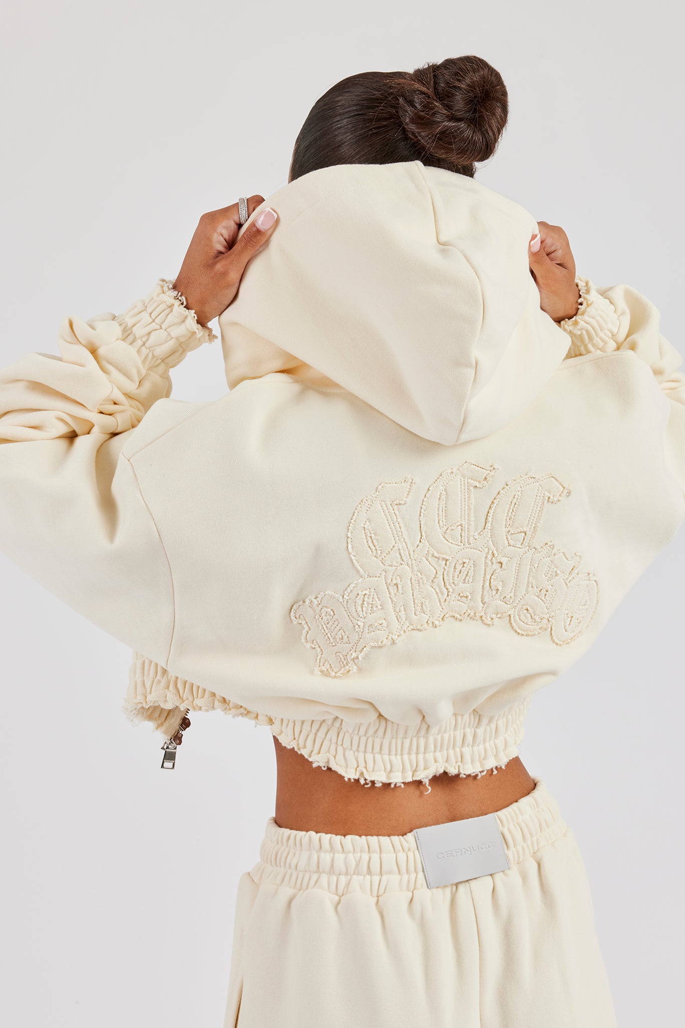 Distressed Applique Cropped Hoodie - Butter Yellow