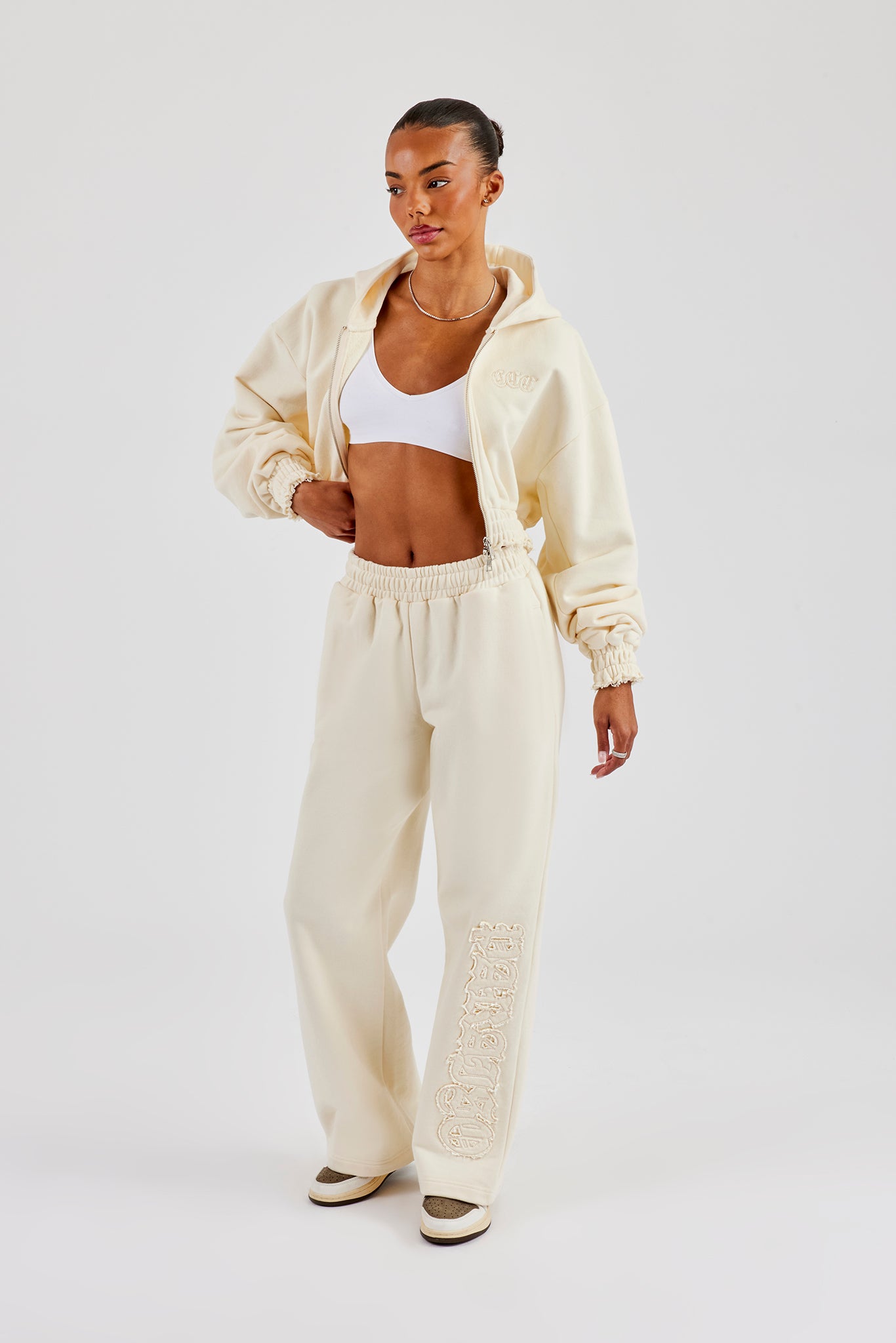 Distressed Applique Cropped Tracksuit - Butter Yellow