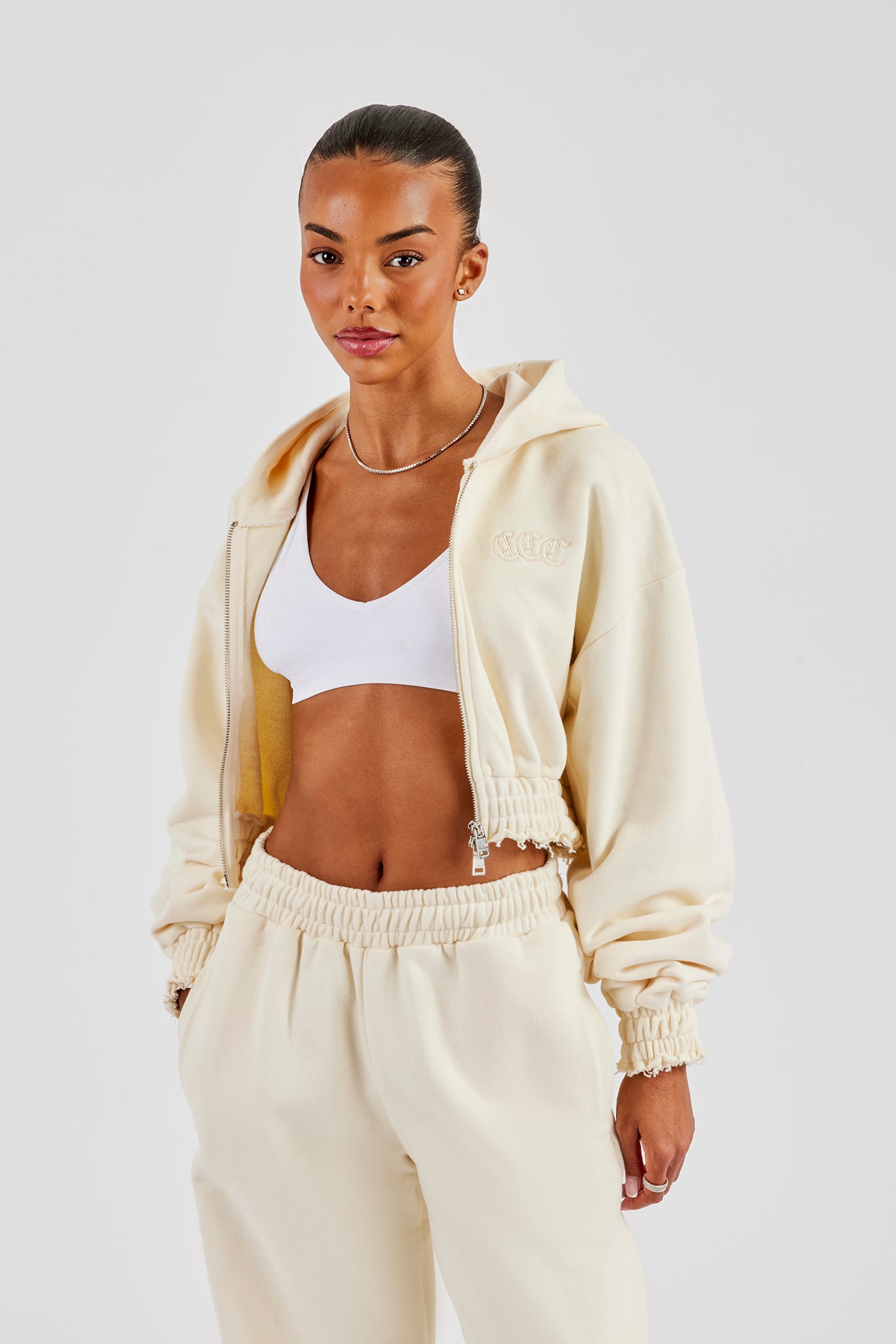 Distressed Applique Cropped Hoodie - Butter Yellow