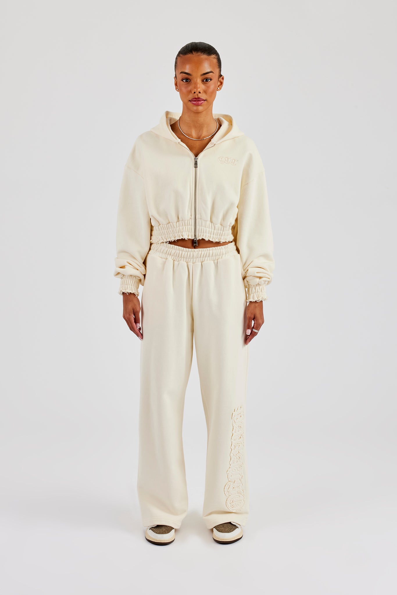 Distressed Applique Cropped Tracksuit - Butter Yellow