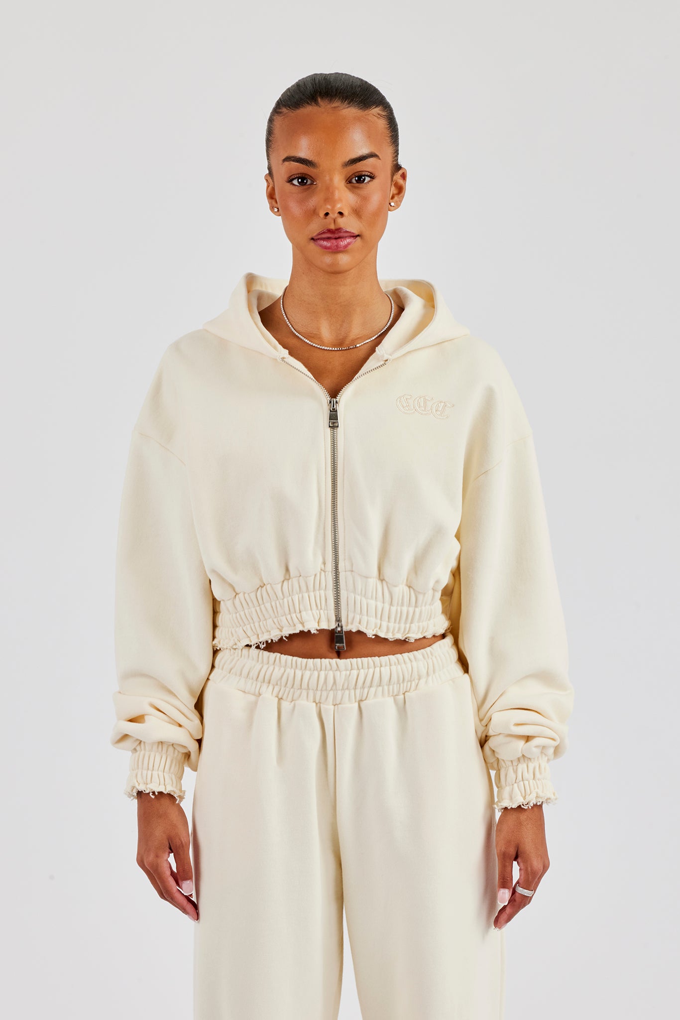 Distressed Applique Cropped Hoodie - Butter Yellow
