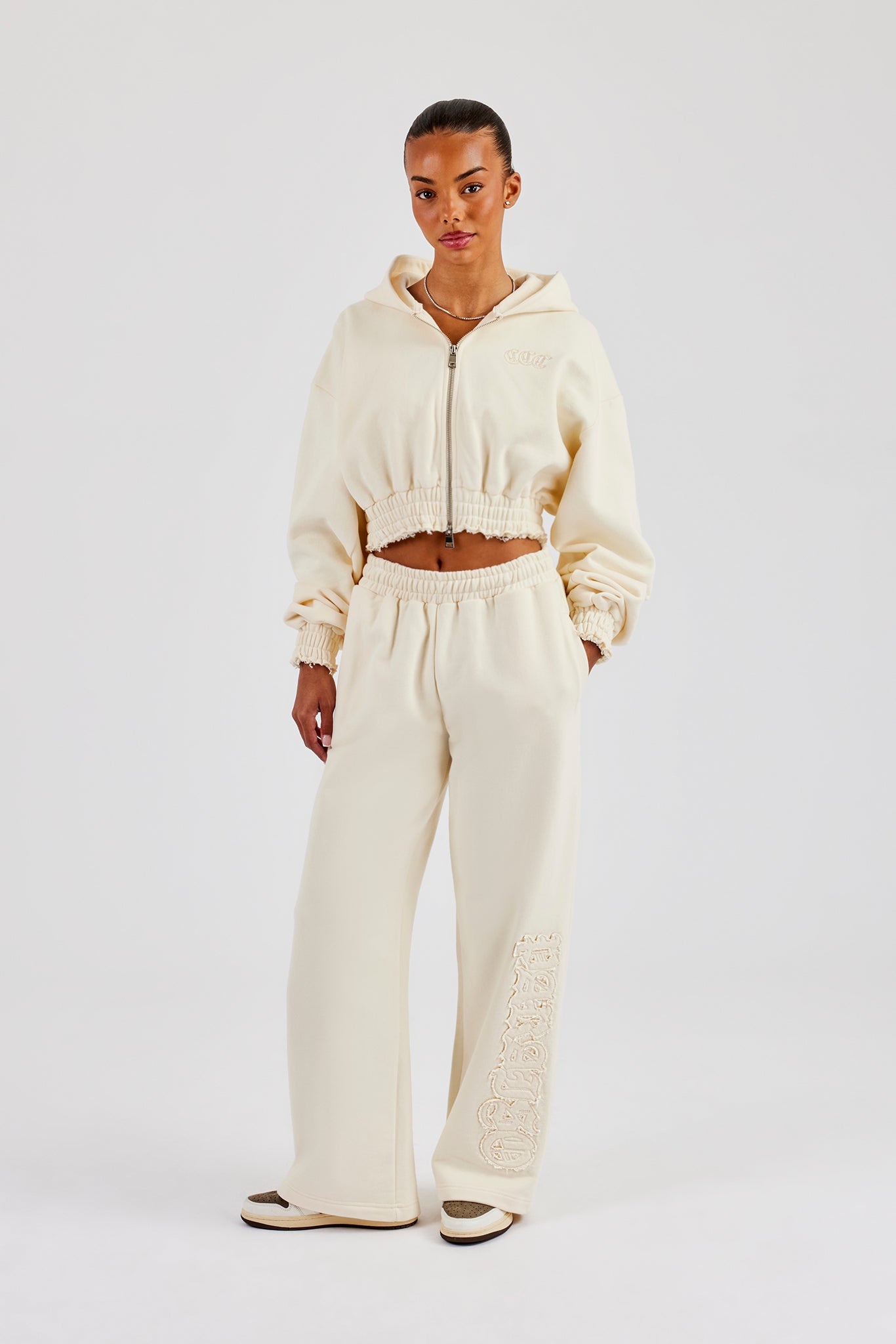 Distressed Applique Cropped Hoodie - Butter Yellow