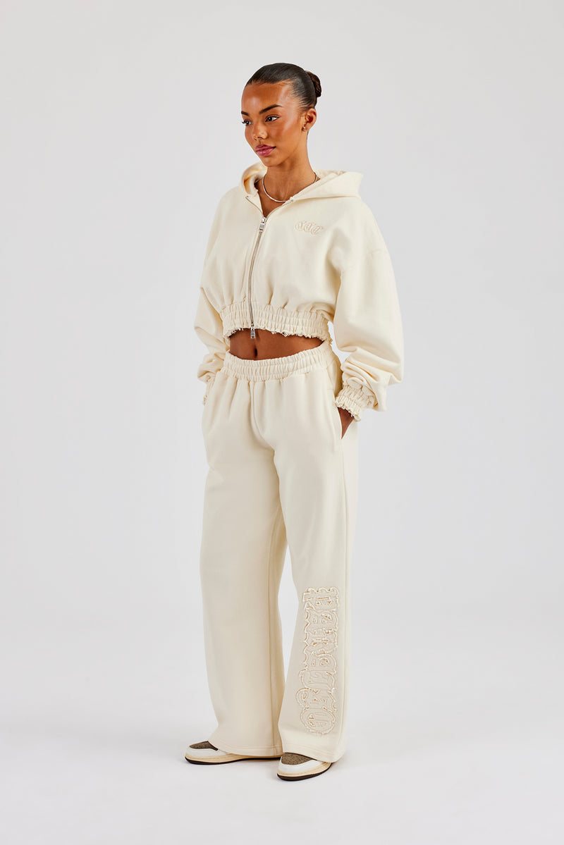 Distressed Applique Cropped Tracksuit - Butter Yellow