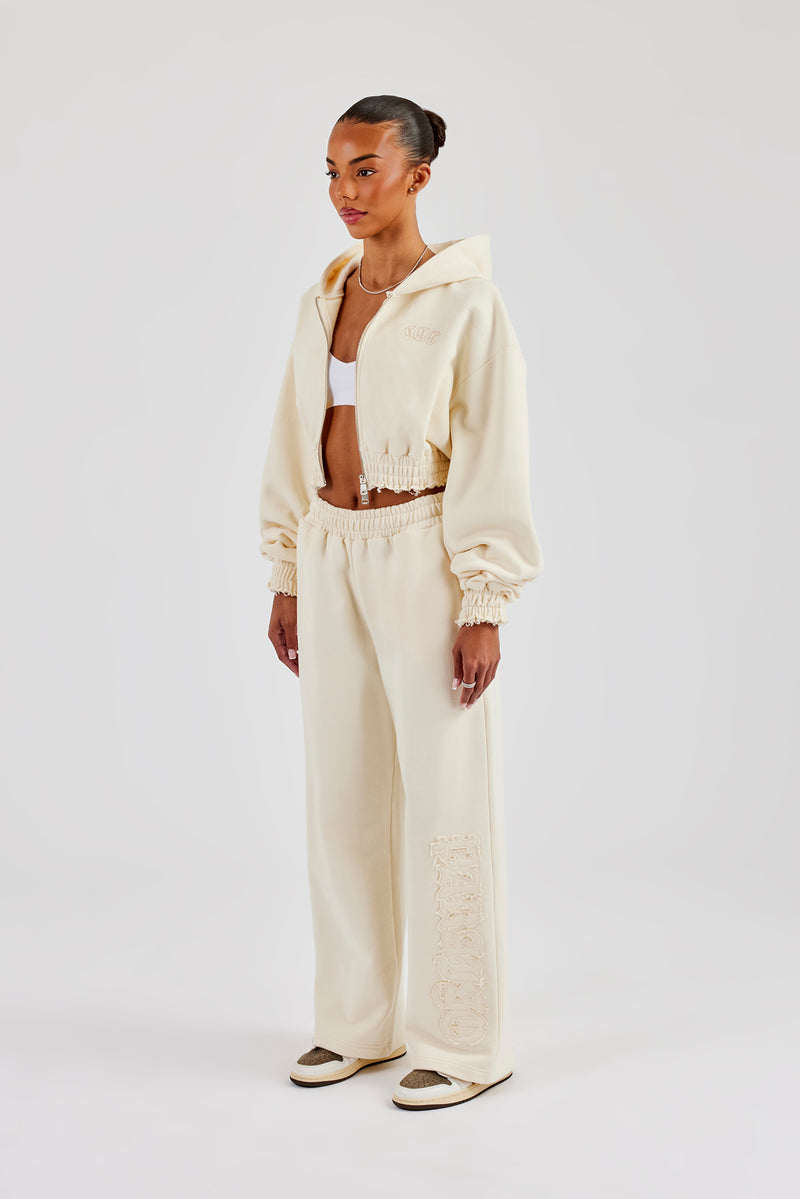 Distressed Applique Cropped Tracksuit - Butter Yellow